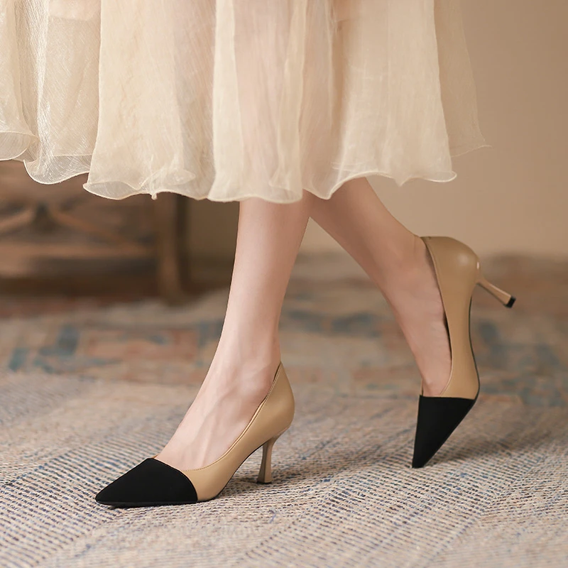 浅口高跟鞋百搭性感细高跟拼接设计感细跟单鞋女通勤气质尖头女鞋