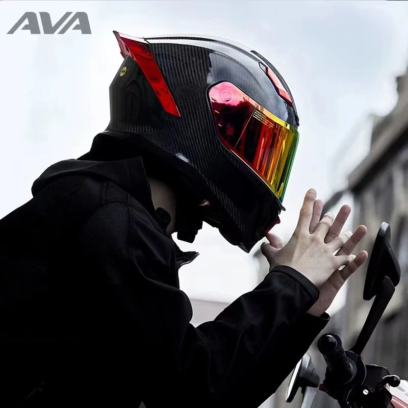 AVA头盔闪电碳纤维摩托车男女四季通用 机车赛车大尾翼头盔全盔