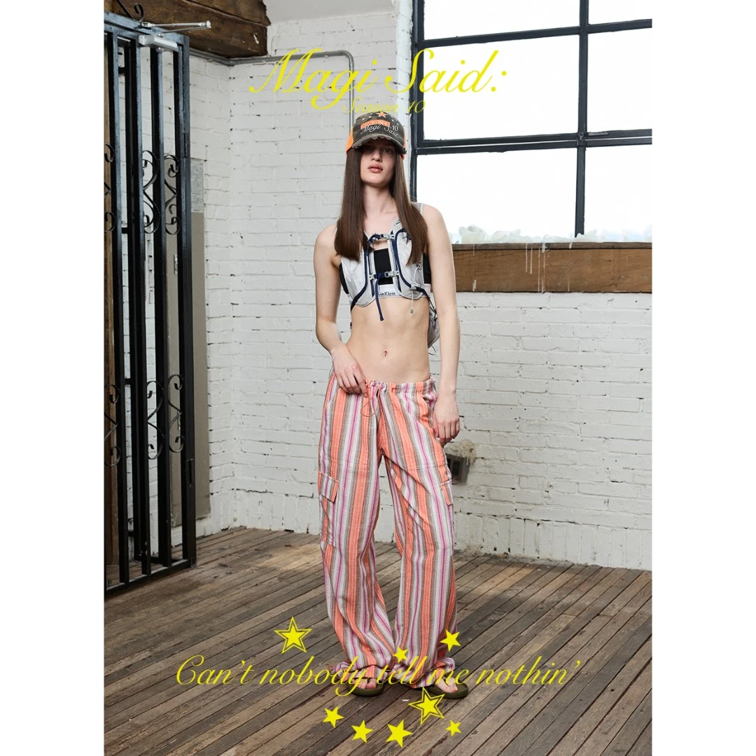 【度假条纹裤现货】magisaid 100%棉条纹休闲工装裤Casual Trousers