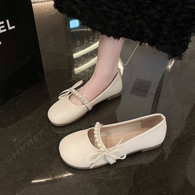 玛丽珍单鞋女2025年春季新款法式温柔珍珠蝴蝶结配裙子平底豆豆鞋