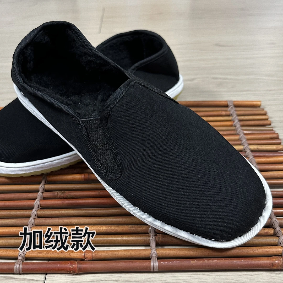 冬款老北京布鞋加厚牛筋底男鞋加绒黑布鞋休闲软底一脚蹬低帮棉鞋