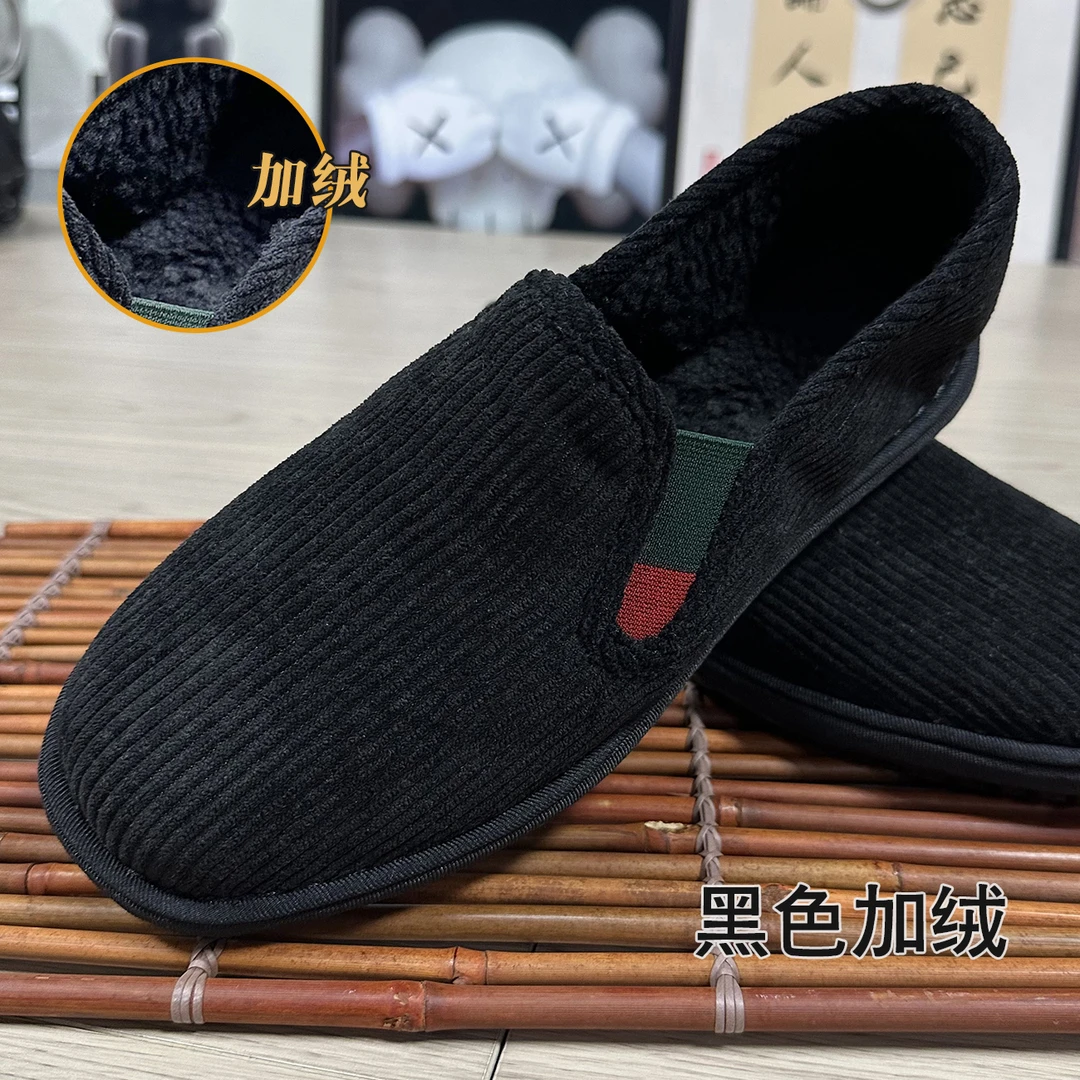 加绒老北京布鞋男款灯芯绒黑色棉松紧口保暖鞋条绒牛筋底加厚鞋子