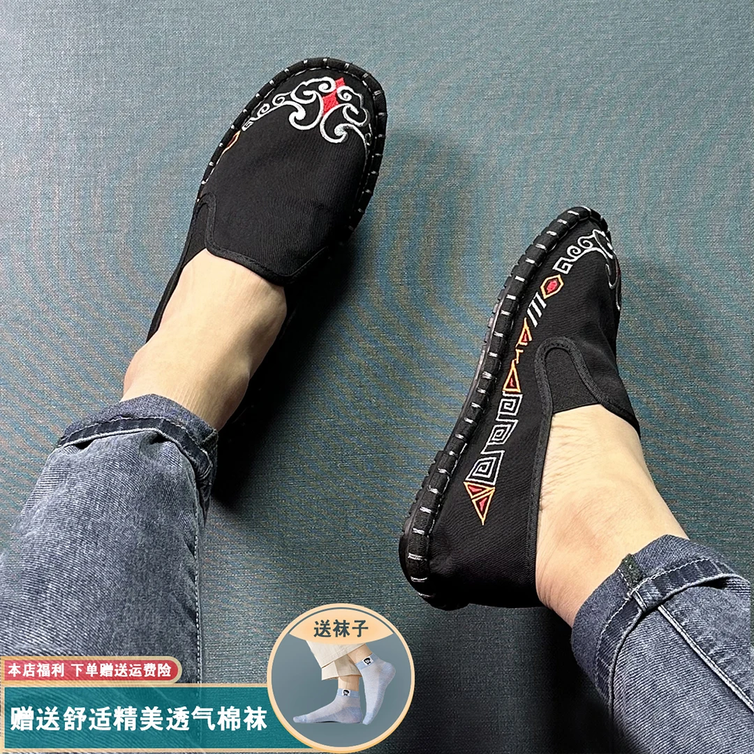 秋季新款手工老北京刺绣布鞋男黑色经典帆布鞋社会鞋豆豆鞋脸谱鞋