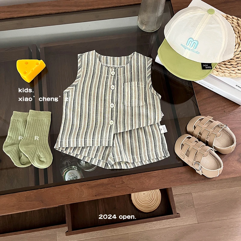 T24X33儿童洋气女童男童时尚休闲夏季条纹薄款无袖百搭小童韩版