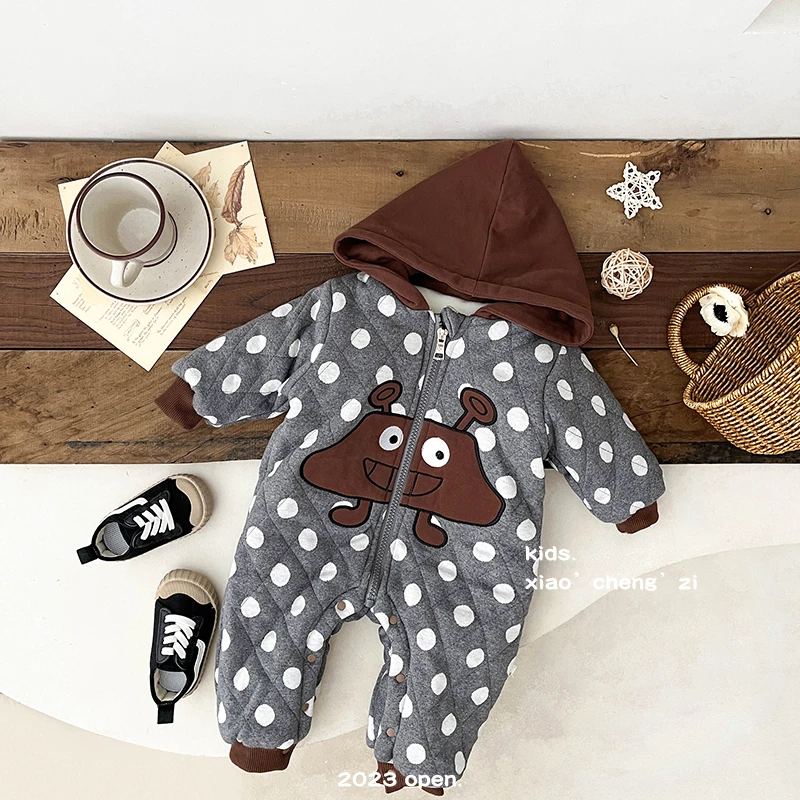 【露露暖冬】SJ23D02韩系宝宝圆点笑脸连帽男女童连体加绒保暖棉服