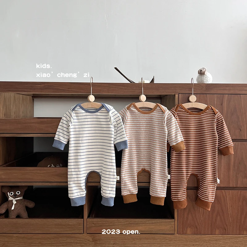 【三色爬服】T23Q62韩版男女宝条纹连体衣婴儿外出爬服春秋柔软哈衣