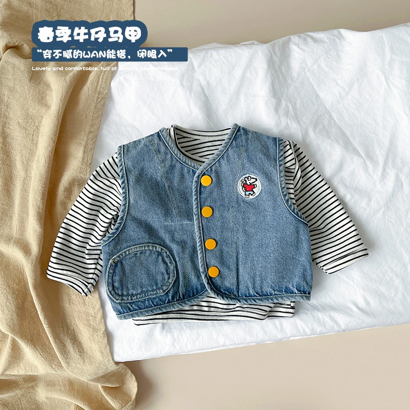 T22C68童装ins男女童洋气春秋季外出宝宝休闲百搭牛仔马甲外套潮