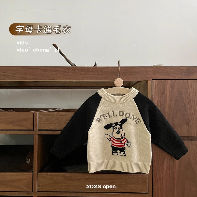 SJ23D26卡通小狗针织毛衣洋气宝宝小童韩版圆领加厚套头百搭儿童