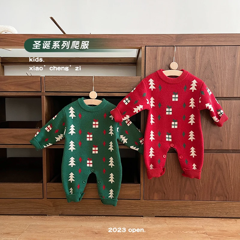 T23D122圣诞连体爬服儿童宝宝秋冬加厚长袖爬服卡通保暖套头