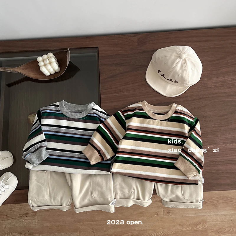 【巴黎街拍】T23Q66韩系男女宝彩条圆领上衣婴儿休闲春秋裤子长袖