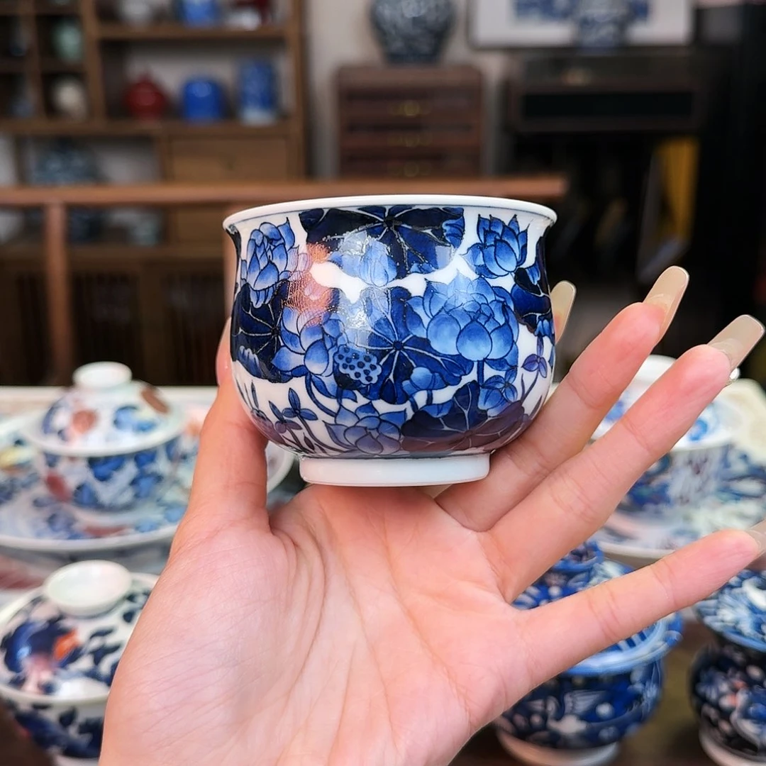 摆件青花满荷杯纯手绘