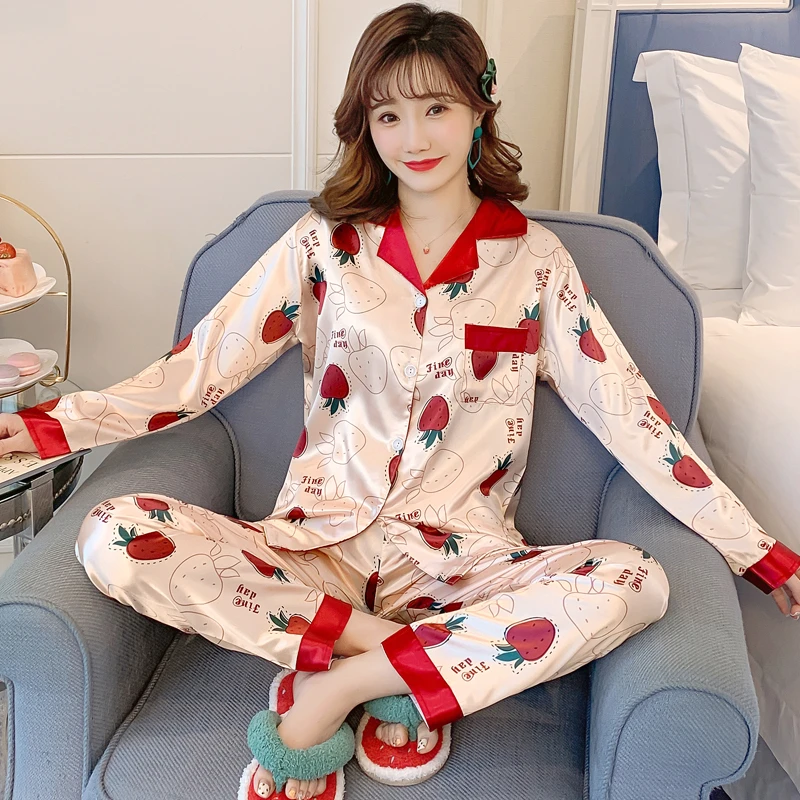 睡衣女春夏长袖冰丝性感韩版高档可爱大码春秋季仿真丝家居服套装