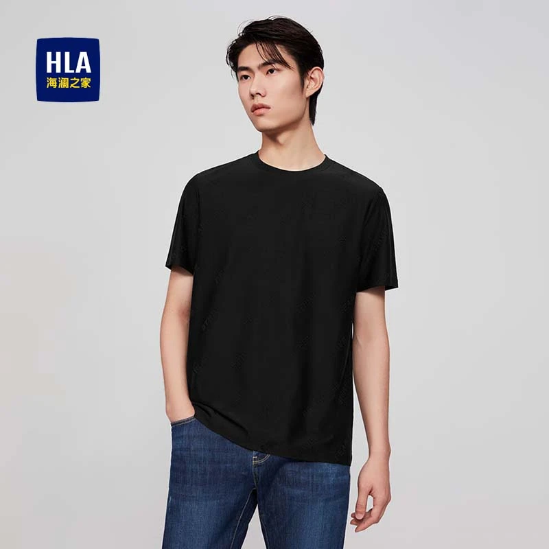 HLA/海澜之家弹力亲肤短袖T恤圆领含长绒棉黑色短t男