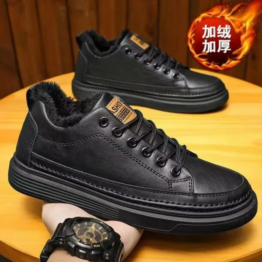秋冬鞋子男士板鞋休闲百搭加绒防滑加厚潮鞋工作男鞋运动黑色防水