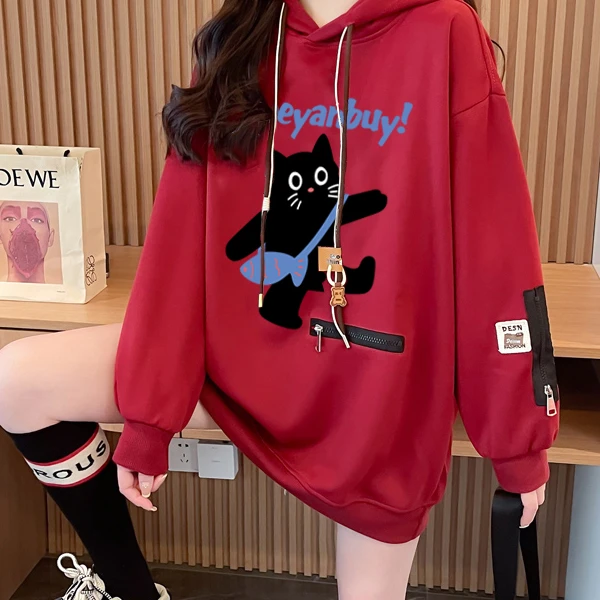 美式复古红色连帽卫衣女中长款2024新款早秋长袖中长款宽松百搭潮