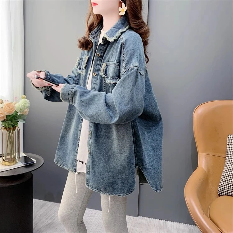 复古港味大码薄款牛仔衬衫外套女春秋2024新款宽松休闲百搭设计感