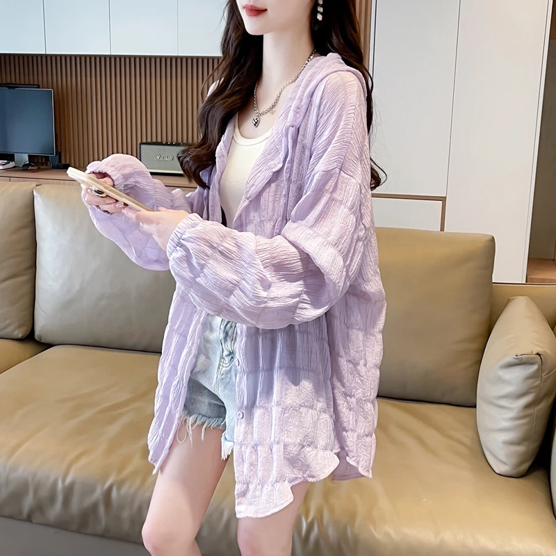 韩版宽松薄款防晒外套女夏新款连帽减龄设计感上衣微透防晒衫衬衣