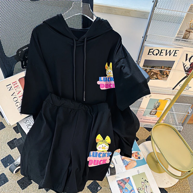 特大码300斤黑色纯棉连帽短袖短裤两件套女休闲卡通百搭运动套装