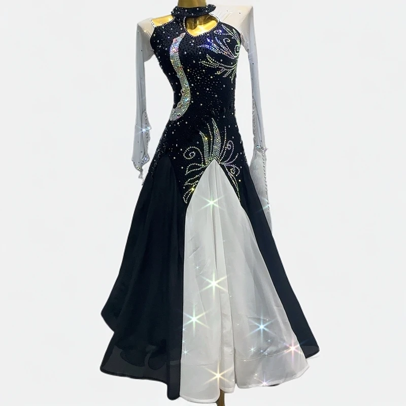 舞依阁新品定制款珍珠丝仿奥钻摩登舞裙国标舞裙表演赛服交谊舞裙