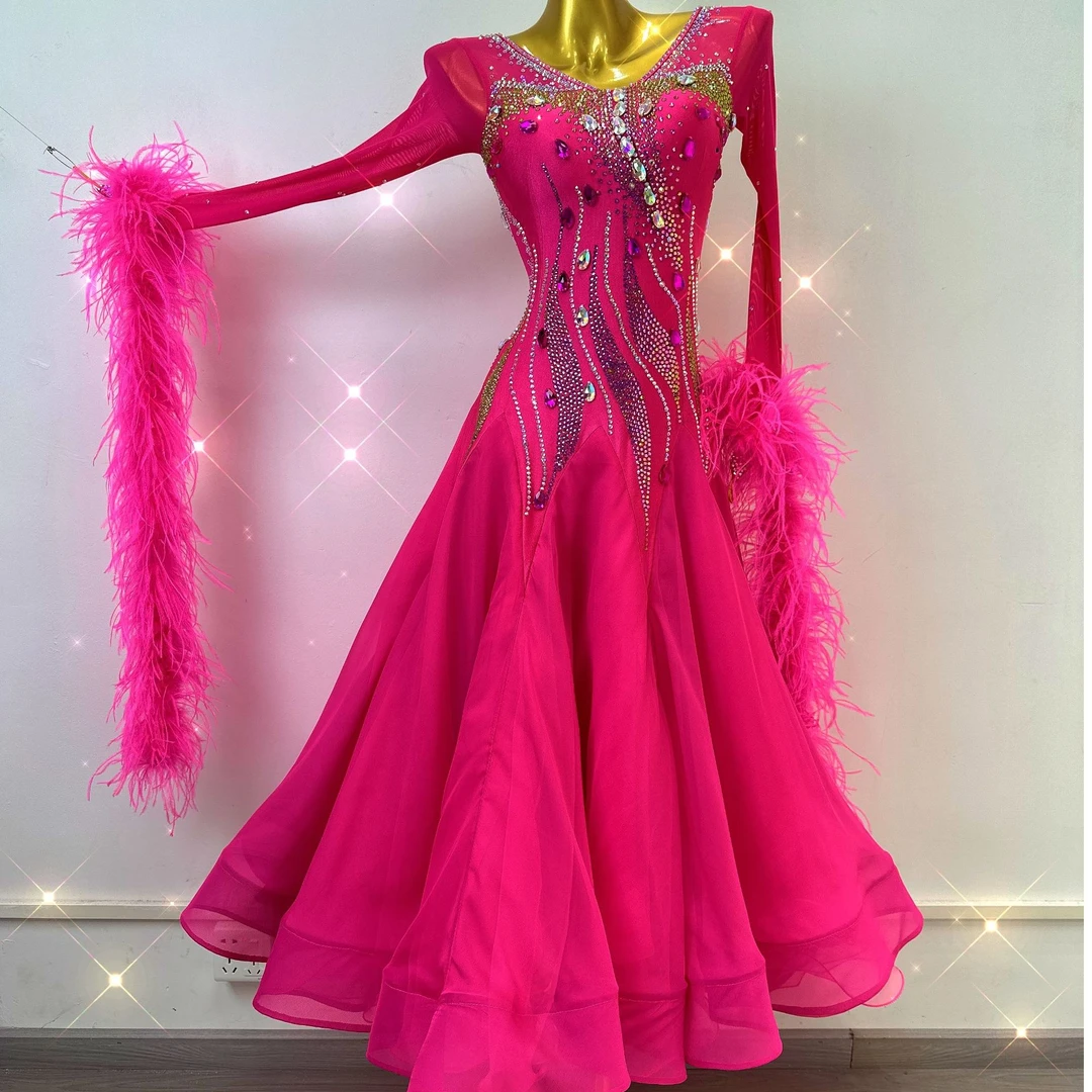 舞依阁桃红色驼鸟毛重工摩登舞裙高档定制国标摩登华尔兹交谊舞