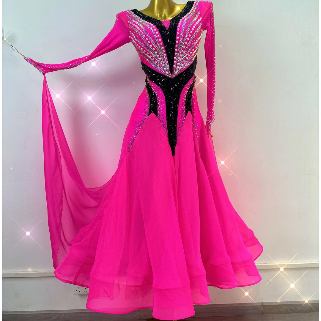 舞依阁新款玫红色摩登舞裙国标大气高档定制交谊舞国标舞裙连衣裙