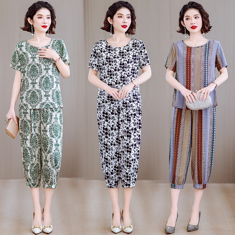 中老年妈妈睡衣女夏款韩版宽松时尚短袖灯笼裤洋气休闲家居服套装