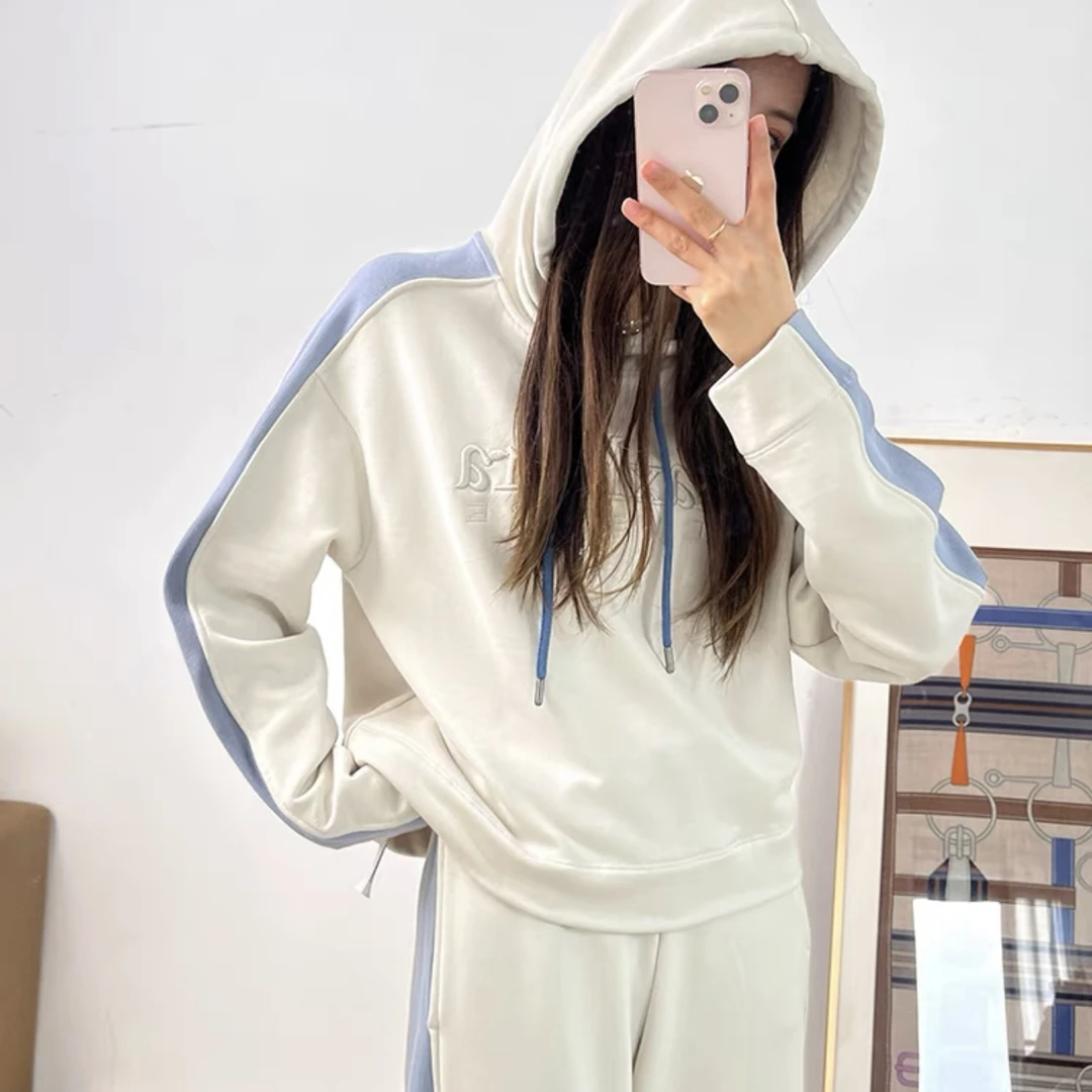 未使用 MaxMara MaxMara/专柜/雾霾蓝拼色连帽抽绳卫衣