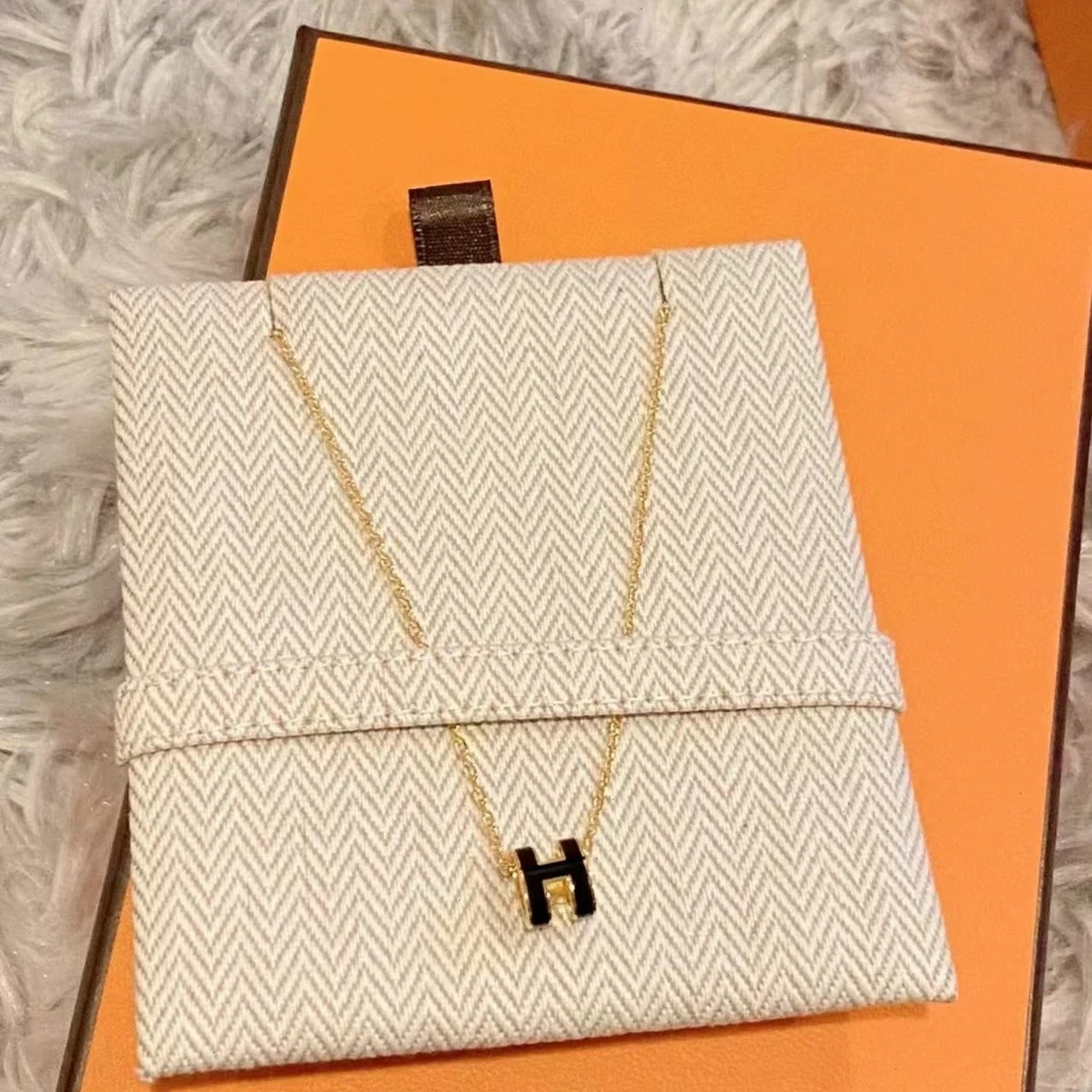全新未使用 Hermes/爱马仕 mini POP H字母女士黑玫瑰金色项链