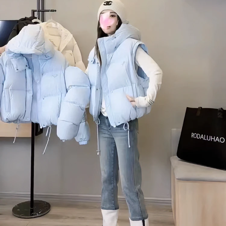 2024冬韩版可拆袖两穿连帽羽绒服三角标网红白鸭绒外套加厚2326