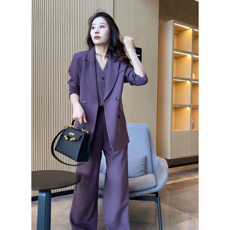 新款韩版西服显瘦女职业外套阔腿裤时尚春季洋气休闲三件套女西装