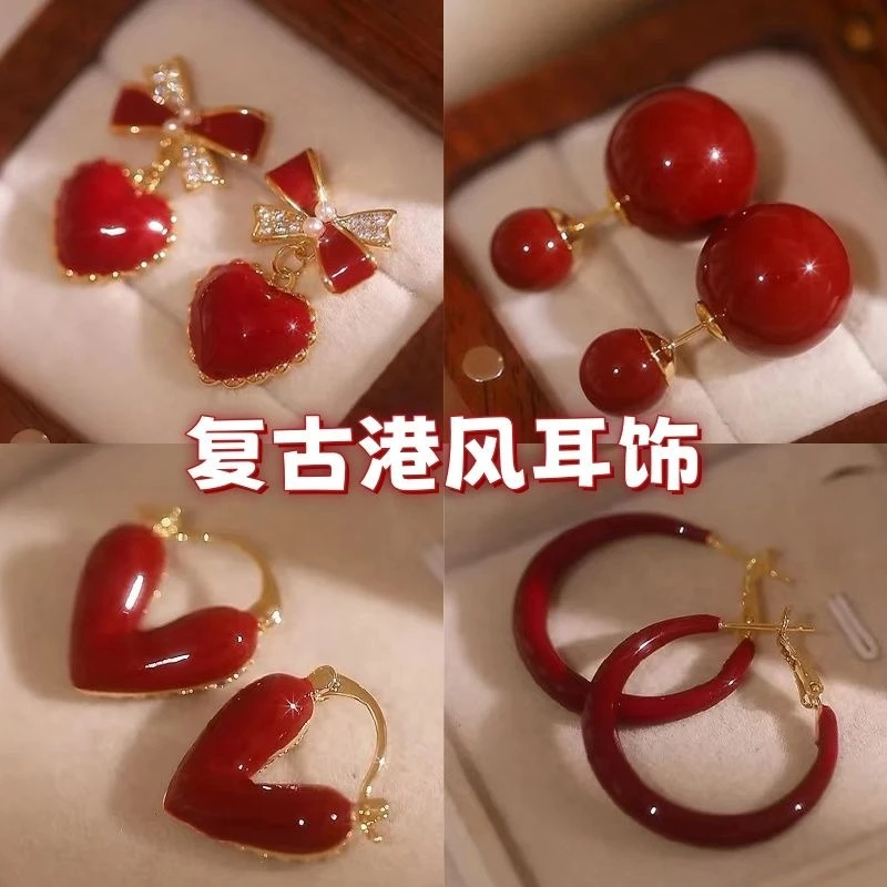 红色素圈耳环小众设计轻奢高级感耳饰女2024新款爆款简约耳钉