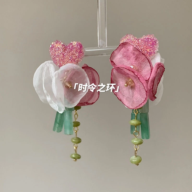 铜合金耳饰 时令之环|花荣气质 原创玫红色花朵夸张绝美小众耳环