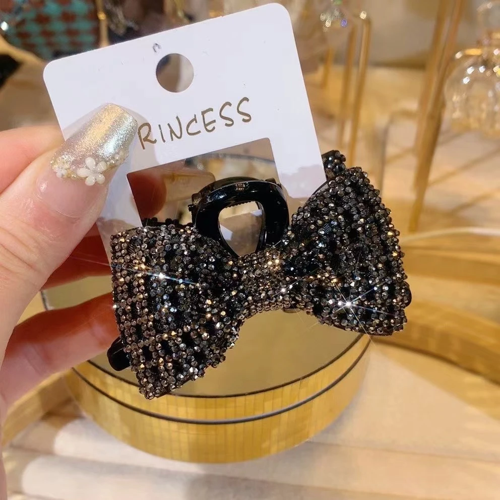 夏日韩版烫钻蝴蝶结中号抓夹满钻领结镂空抓夹全钻顶夹刘海夹半扎