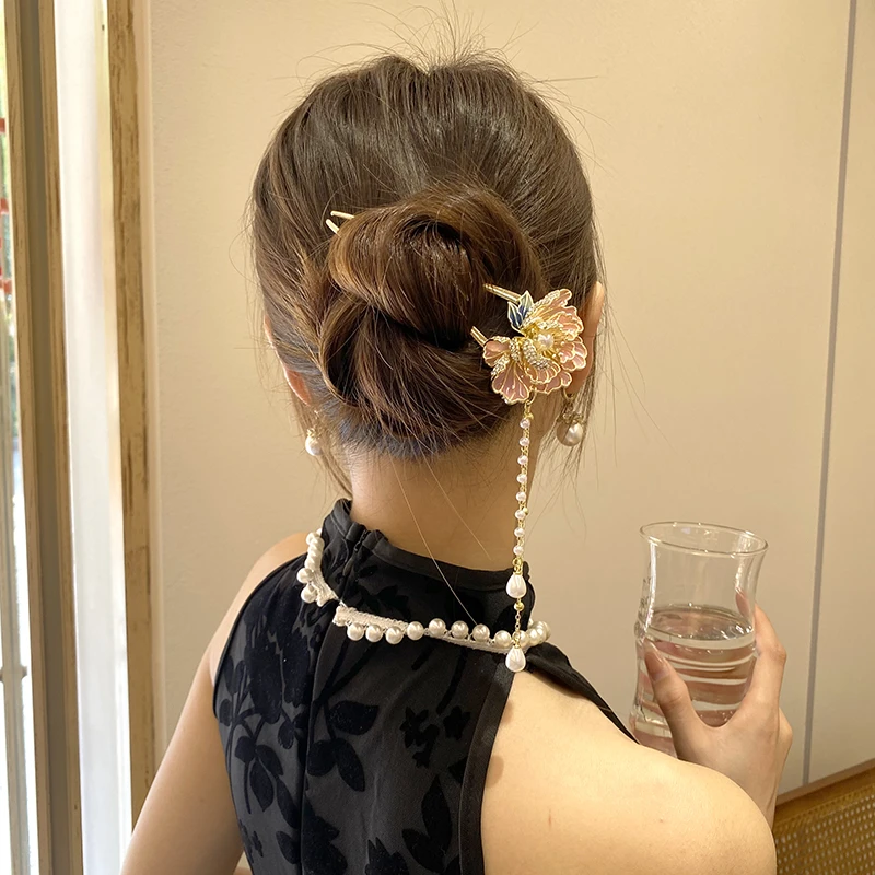 新中式国风牡丹花流苏发簪古风超仙U型簪子