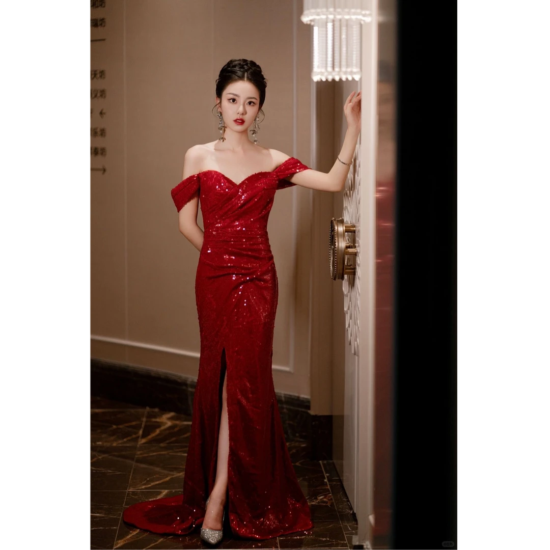 【蓓芙莉】爆闪鱼尾敬酒服新娘一字肩亮片显瘦高端宴会年会晚礼服女