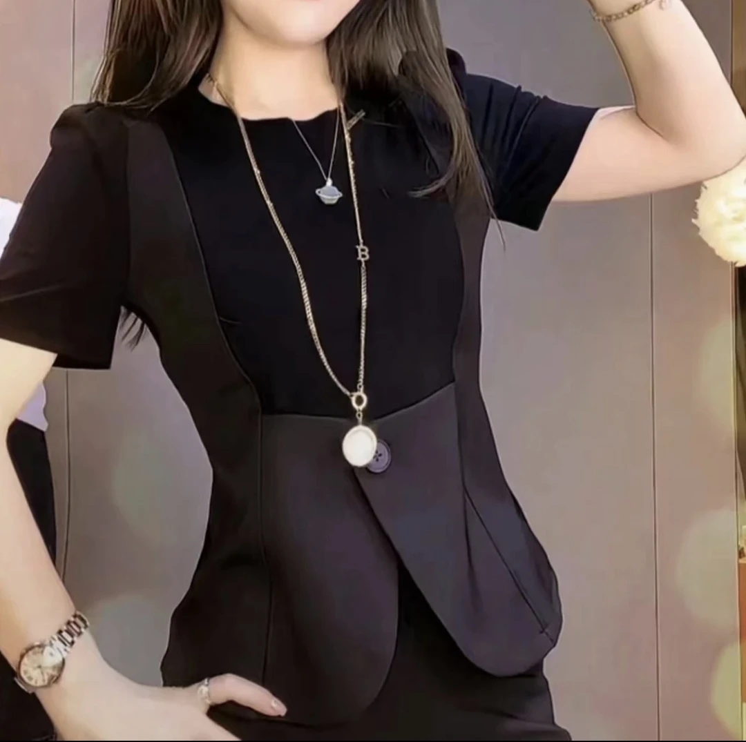 时尚显瘦夏季收腰修身设计感洋气气质拼接假两件夏装泡泡袖减龄