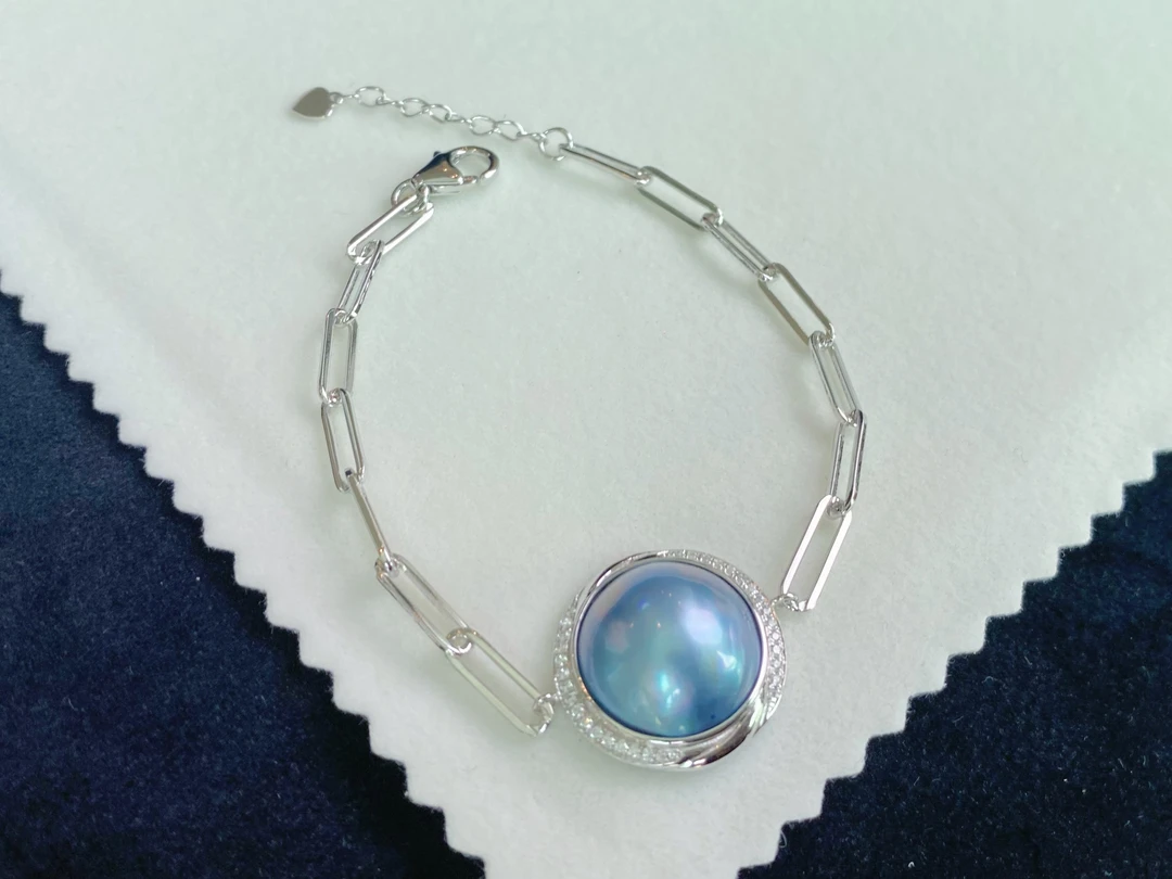 简约日常马贝珍珠手链天然炫彩强光s925银