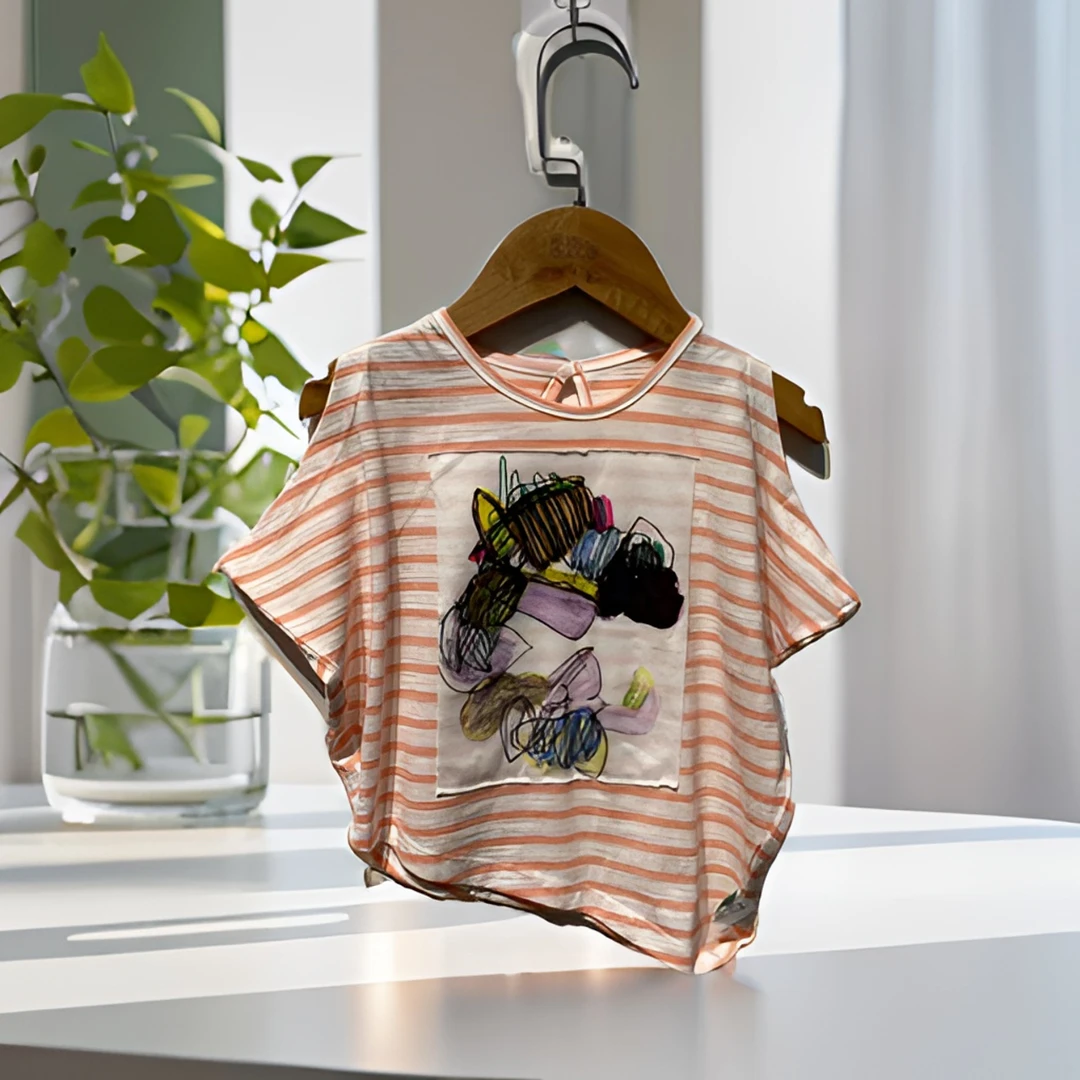 哎麻麻高品质9022174儿童上衣女童夏季条纹韩版t恤时尚休闲印花