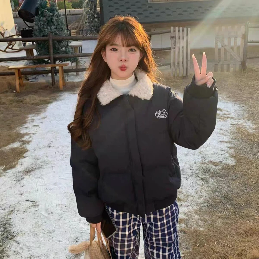 美式棉服复古短款羊羔外套2024翻领面包冬季新款保暖学生棉衣