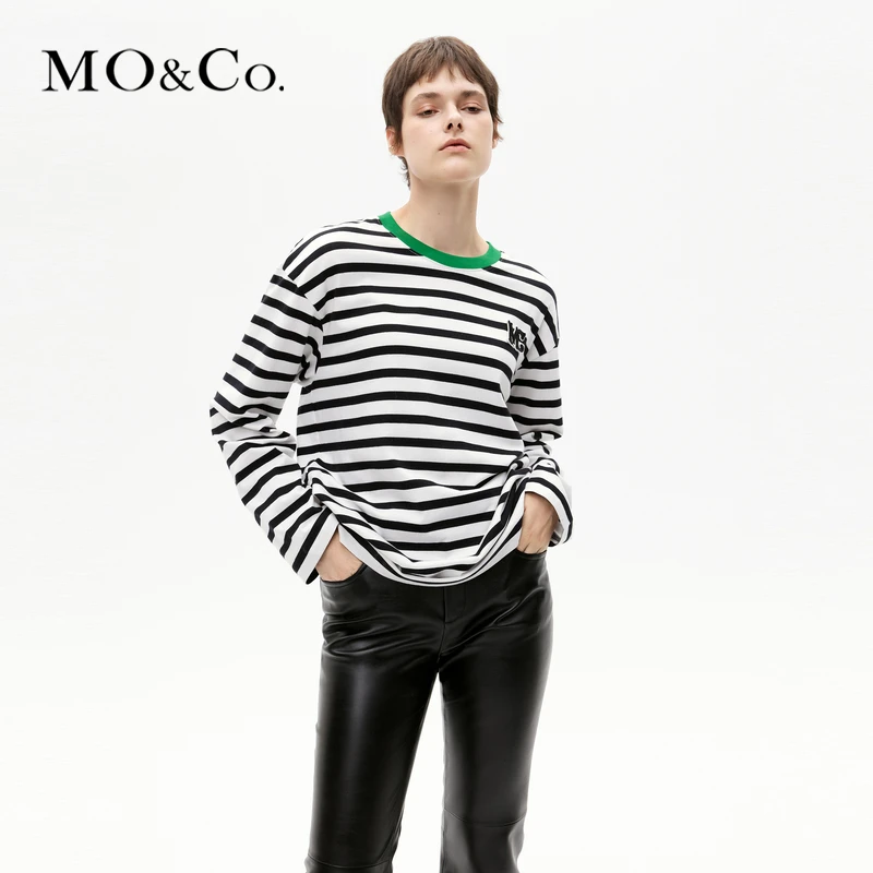 MOCO秋季撞色圆领立体MC刺绣显瘦宽松棉质条纹长袖T恤MBB3TEET08