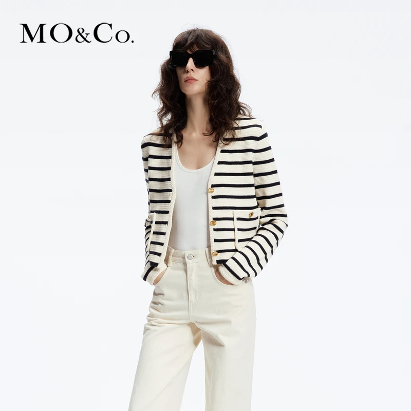 MOCO小香风肌理条纹V领短款针织衫开衫外套MBD1CAR016