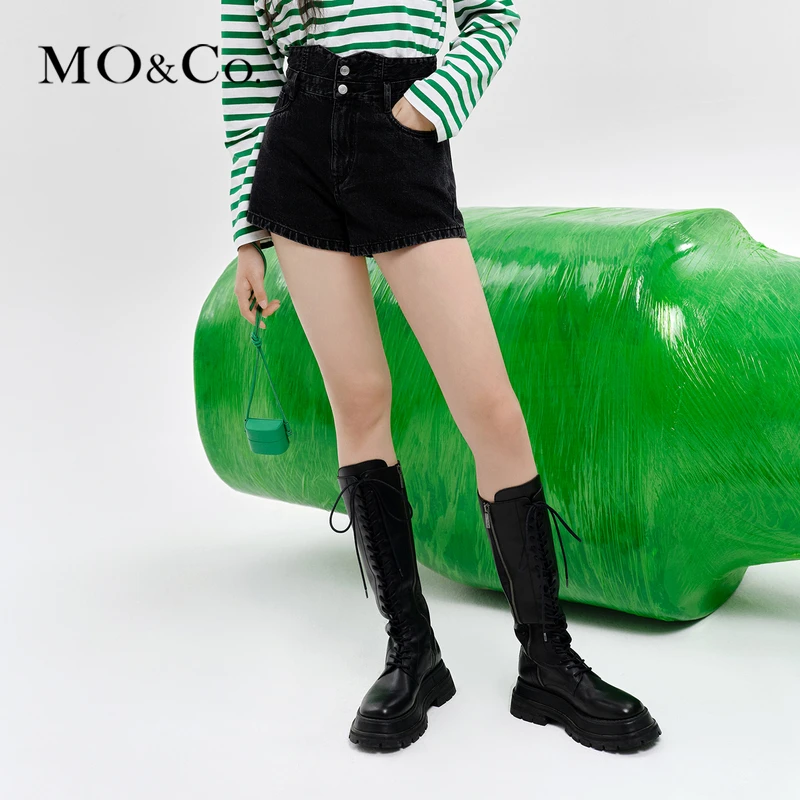 MOCO双腰头高腰黑色棉牛仔短裤MBC3SOTT01