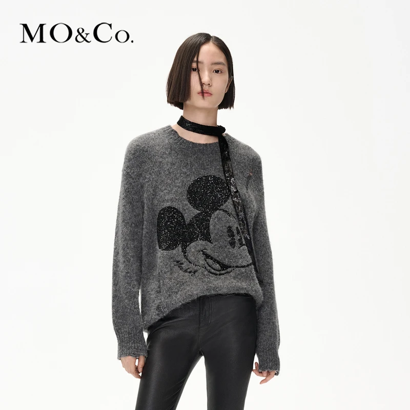 MOCO毛衣针织衫金属纱线珠片绣含羊驼毛软糯做旧漏针MBC4SWT010