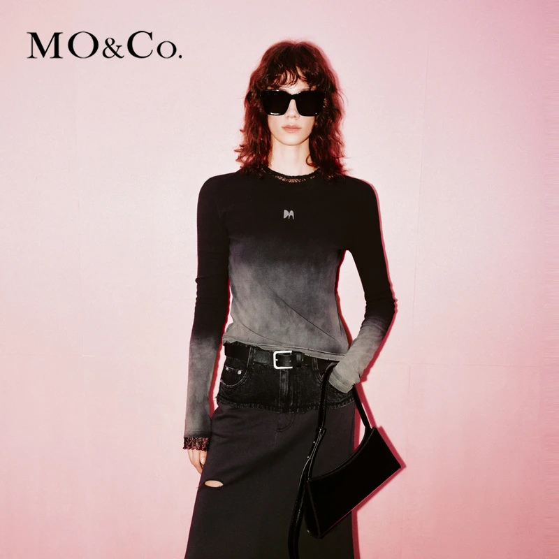 MOCO2024新品扎染渐变灰M标坑条纹修身收腰长袖T恤MBD1TEET28