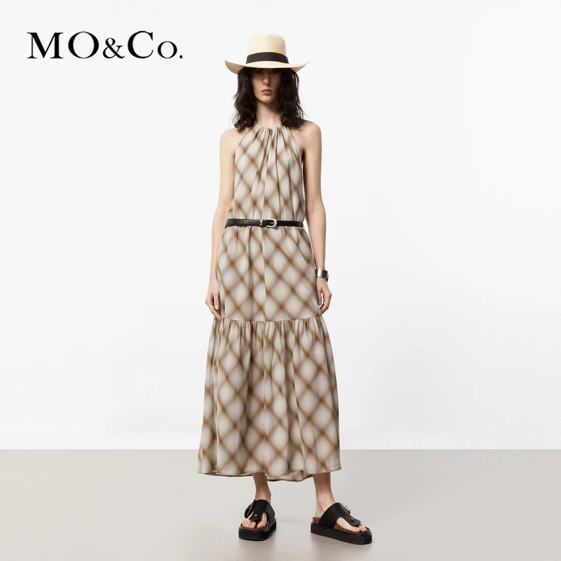 MOCO夏混纺渐变格纹削肩连衣裙(附腰带)MBD2DRS023