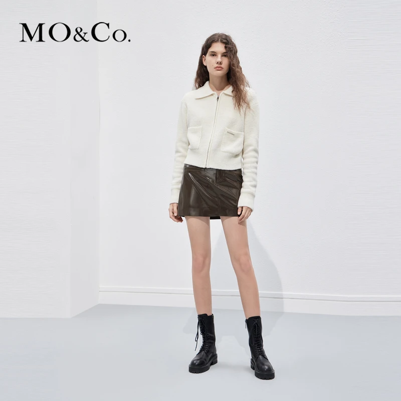 MOCO春秋季含绵羊毛金属LOGO饰翻领拉链绒感短毛织外套MBC1CAR013