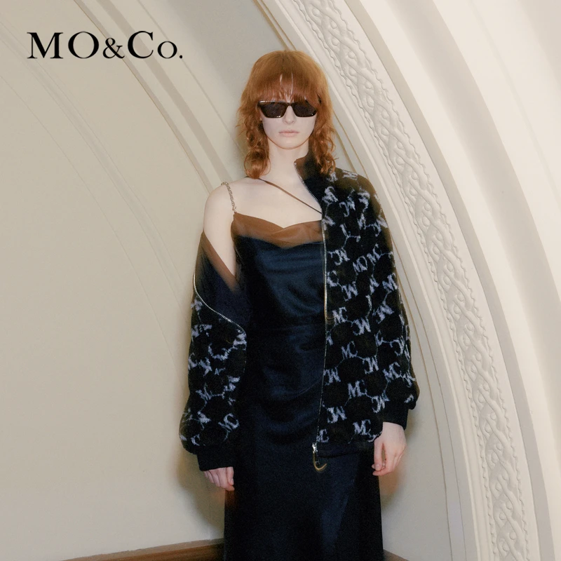 【防寒】MOCO秋冬黑白MC提花时尚气质宽松毛绒女士外套MBB3JKT009