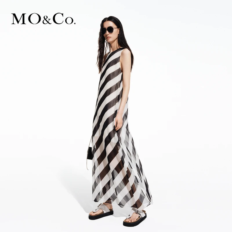 MOCO夏含桑蚕丝斜条纹侧开叉连衣裙MBD2DRST68