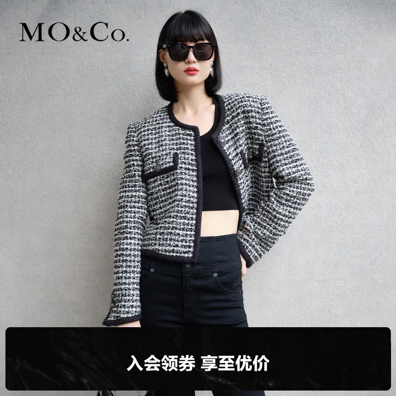MOCO撞色编织带雕花扣短款粗花呢时尚外套MBB4COTT03