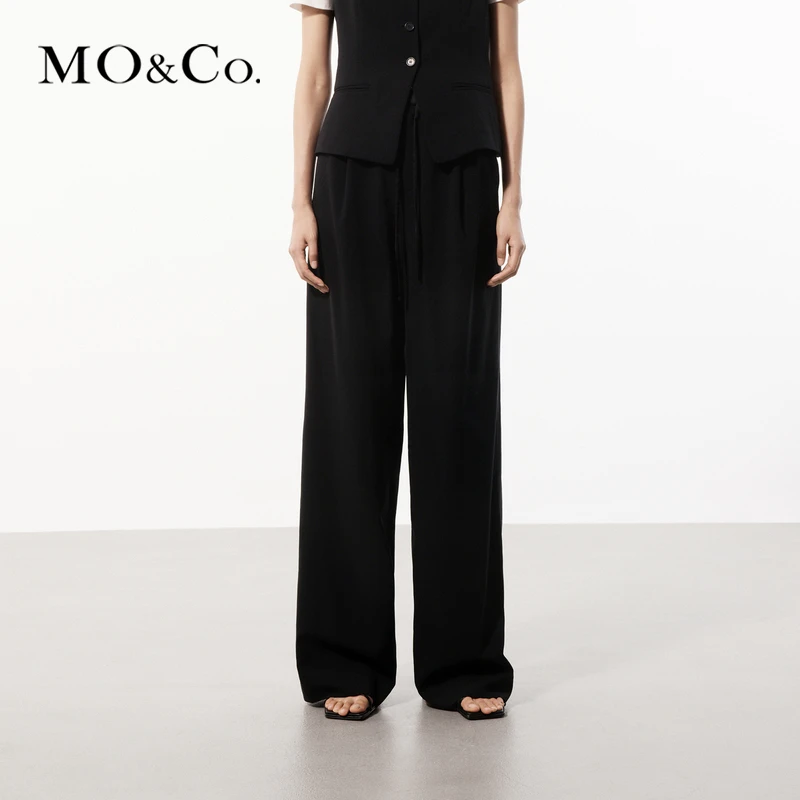 MOCO夏拼接缎面抽绳醋酸混纺阔腿裤休闲裤MBD2PAT009